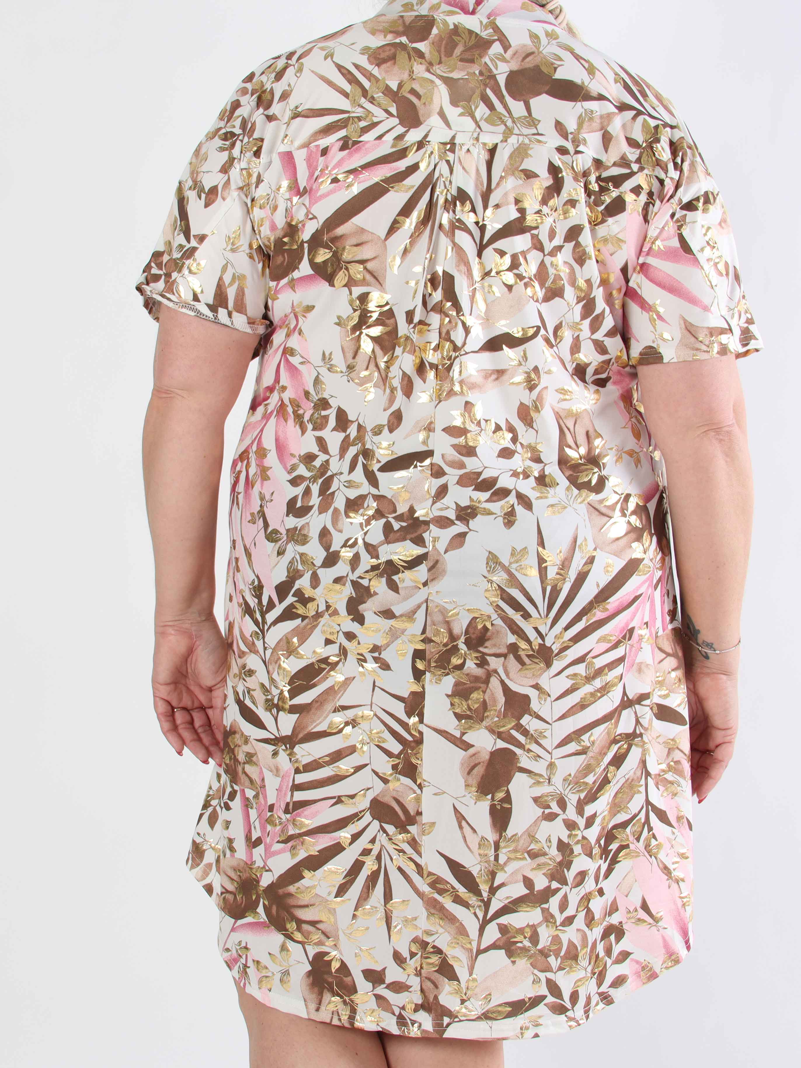 Ebba Gold Leaf Sleeveless - Plus size skjortklänning i stretchigt tyg med bladtryck